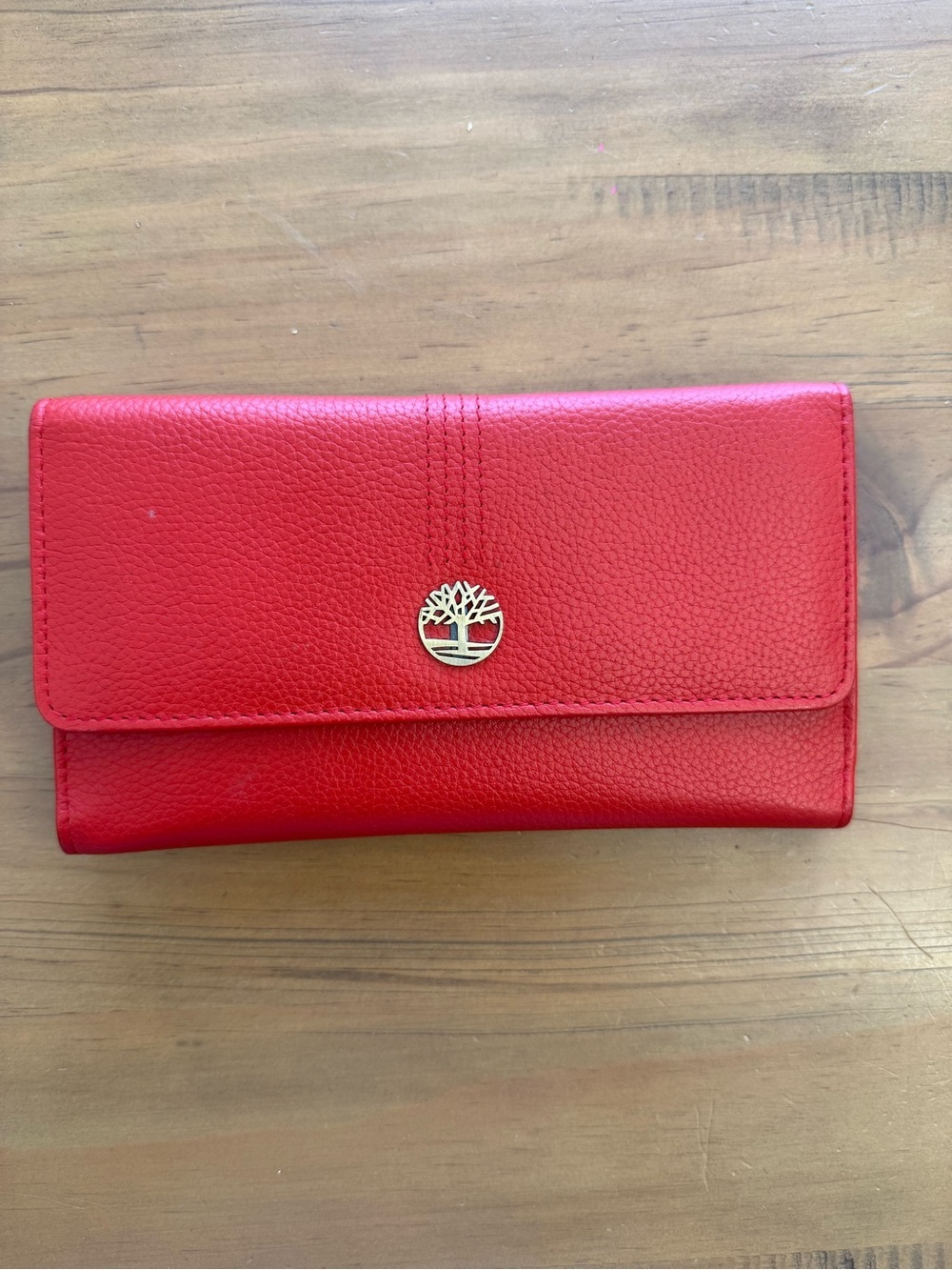 Timberland Red Pebbled Leather Flap Continental Wallet Tree Logo Emblem